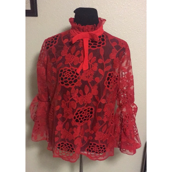 Elegant Red Lace Women’s Blouse with Neck Bow - Picture 1 of 4